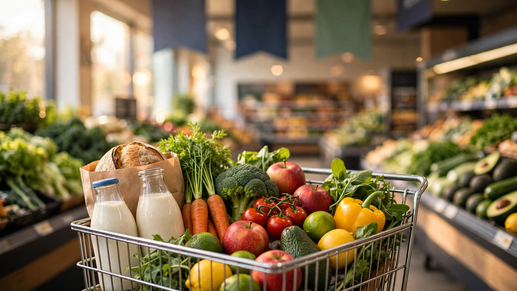 Shopping cart full of fresh groceries at a market