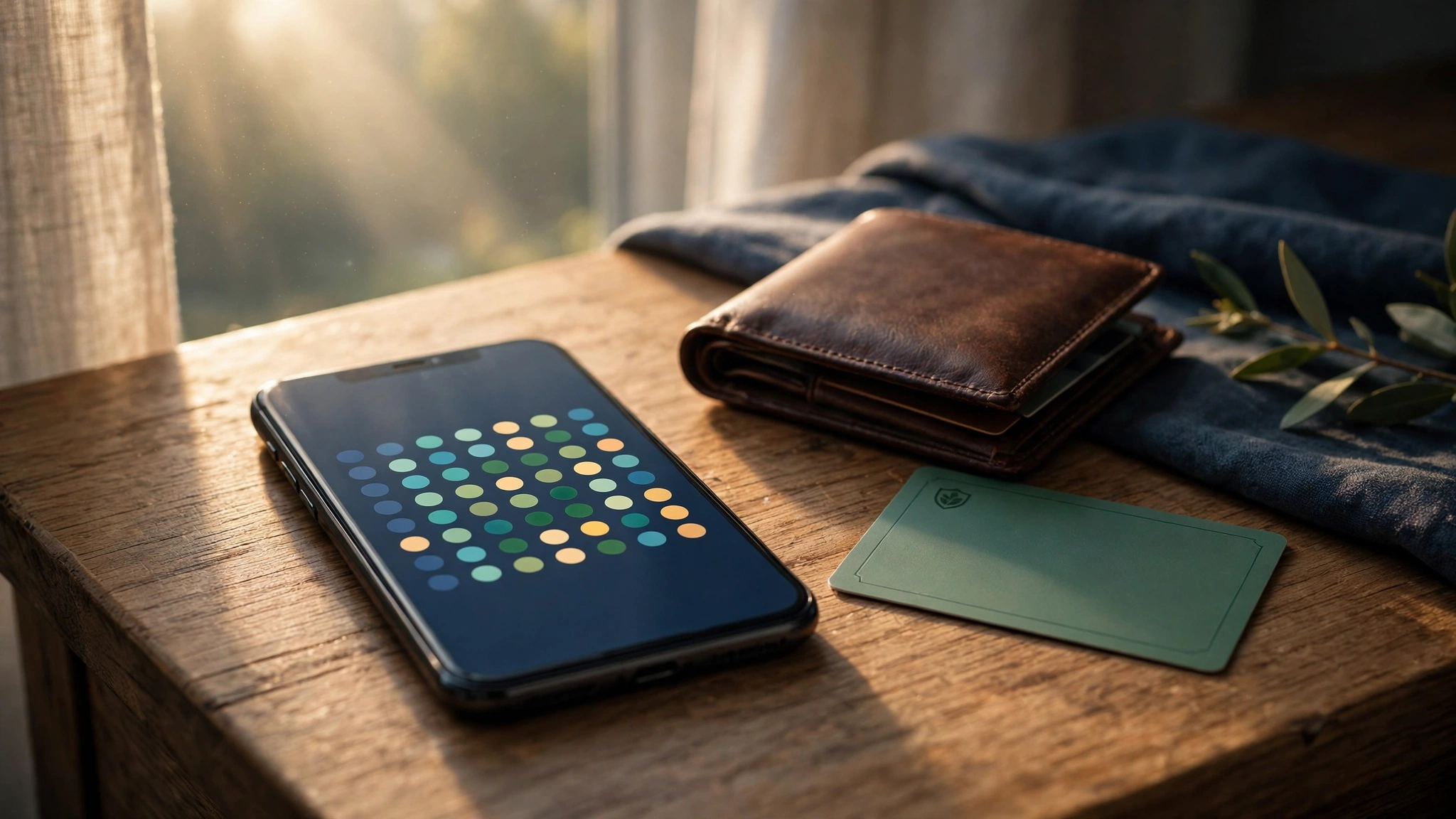 Phone showing a calendar beside a wallet and benefits card at sunrise