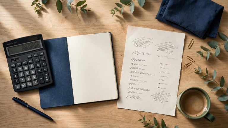 Calculator, notebook and grocery list on a kitchen table